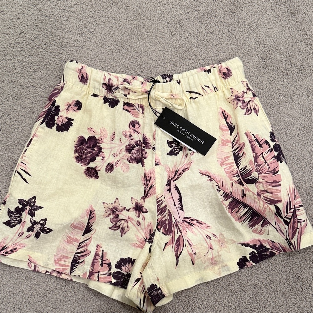 NWT Saks Fifth Avenue High Waist Floral Shorts - Cream and Purple XS